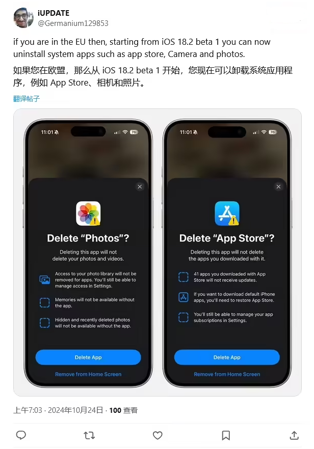 慈溪苹果手机维修分享iOS 18.2 支持删除 App Store 应用商店 