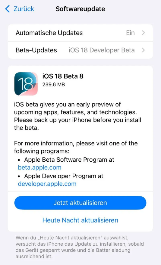 慈溪苹果手机维修分享苹果 iOS / iPadOS 18 开发者预览版 Beta 8 发布 